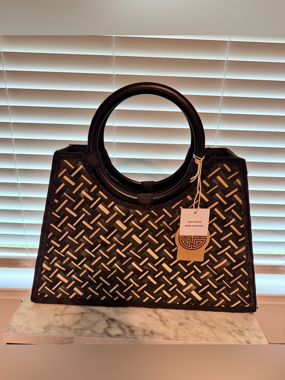 Gorgeous Black & Natural Wood Handle Tote Bag